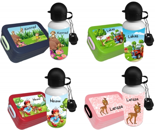 Kinderrucksack, Kindergartenrucksack Brotdosen, Turnbeutel personalisiert - SET  Trinkflasche + Brotdose mit Name und Motiv